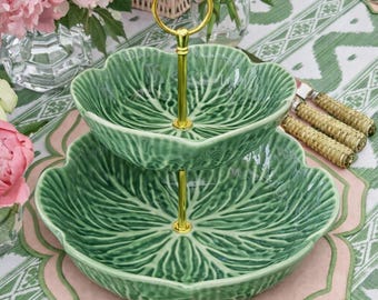 Small Two-Tier Cabbage Small Serving Stand | Bordallo Pinheiro Inspired | Green Majolica Style Tiered Bowl Tray