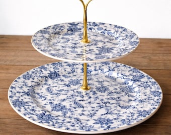 Blue and White Two Tier Dessert Stand | Floral Porcelain Cake Stand