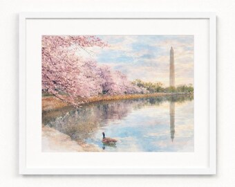 Washington Monument Cherry Blossoms Duck Print – Watercolor Style Wall Art