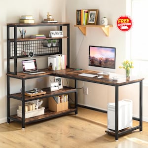 May include: L-shaped desk with a dark brown, wood-grain surface and black metal frame. The desk has multiple shelves and a hutch for storage. A computer monitor, keyboard, and mouse are on the desk. A laptop, books, and decorative items are also visible.