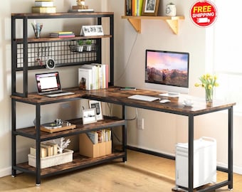 Reversible L Shaped Desk 55" Computer Desk with Wireless Charging Shelves Home Office