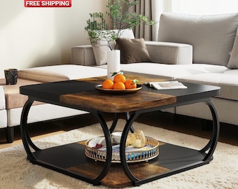 Table basse carrée de 39 po. avec étagère de rangement, table basse de style campagnard, bois rustique