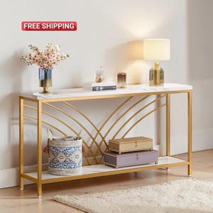 Faux Marble Console Table with Gold Frame – Two Tier Entryway Sofa Table
