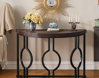 43” Industrial Half Moon Console Table, Rustic Entryway Sofa Accent Table with Metal Frame