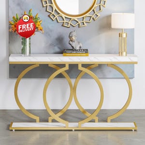 55” Gold Console Table, Narrow Entryway Sofa Table with Faux Marble Top & Metal Frame