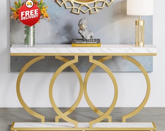 Mesa de console dourada de 55 polegadas, mesa estreita para hall de entrada com tampo em imitação de mármore e estrutura de metal.