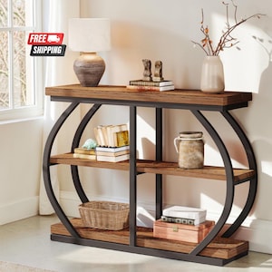 Industriële consoletafel: 3-laagse opbergplank bij de ingang, rustiek houten metalen frame
