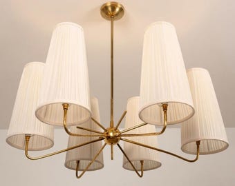 Lustre de latão estilo meados do século XX, luminária de teto com 6 braços e cúpula de tecido, luminária pendente moderna.