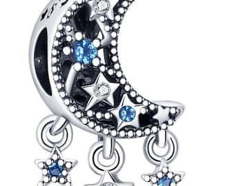 Pandora Blue Series Moon Star charm, S925 Sterling Silver for Bracelet, Jewelry Gift for Her