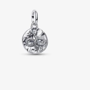 Puede incluir: Un charm de color plateado con un diseño de serpiente en un colgante redondo. El charm tiene un lazo para sujetarlo. La serpiente está enrollada y detallada, con un diseño de estrella y luna creciente. El colgante tiene un acabado texturizado y antiguo.