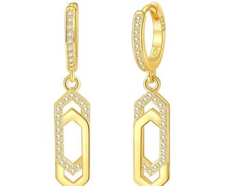 925 Gold Plated Hoop Earrings | Drop Sterling Silver , Crystal Accents, Wedding Jewelry