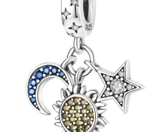 Pandora Sun Moon Star charm, S925 Sterling Silver for Bracelet, Jewelry Gift for Her
