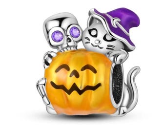 Pandora Halloween Cat and Skeleton charm, S925 Sterling Silver for Bracelet, Jewelry Gift for Her