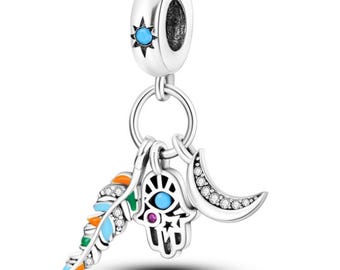 Pandora Hand Feather And Moon charm, S925 Sterling Silver for Bracelet, Jewelry Gift for Her