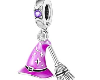 Pandora Witch Hat And Broom charm, S925 Sterling Silver for Bracelet, Jewelry Gift for Her