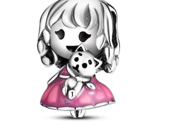 Pandora Girl Holding A Bear Charm, S925 Sterling Silver for Bracelet, Jewelry Gift for Her