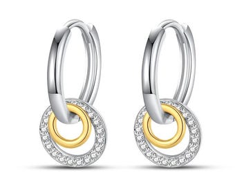 925 Sterling Silver Hoop Stud Earrings | Gold Plated, Crystal Accents, Wedding Jewelry