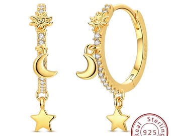 925 Sterling Silver Hoop Earrings | Gold Plated, Crystal Accents, Wedding Jewelry