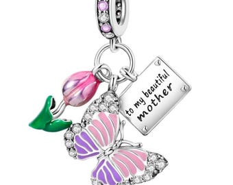 Pandora Butterfly And Tulip Charm, S925 Sterling Silver for Bracelet, Jewelry Gift for Her