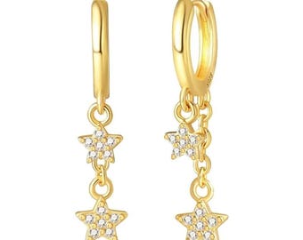 925 Gold Plated Hoop Earrings | Drop Sterling Silver , Crystal Accents, Wedding Jewelry