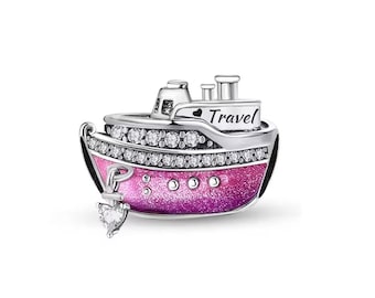 Sparkling Pink Travel Cruise Ship Charm, 925 Sterling Silver Charm Jewelry for Bracelet and Necklace