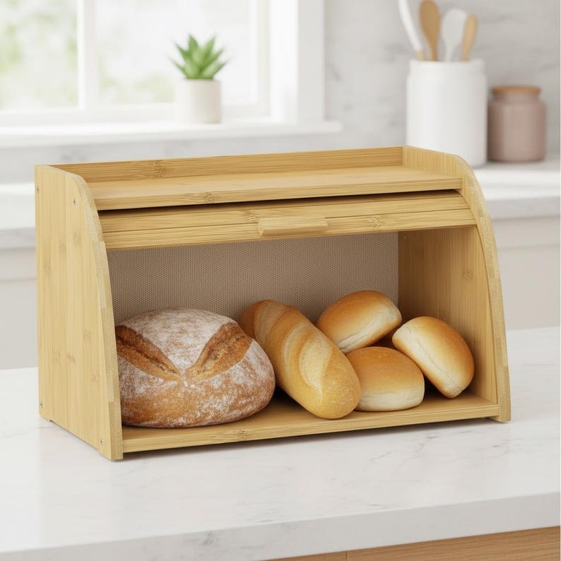 Natural Bamboo Bread Box Roll-Top Kitchen Countertop Storage Container
