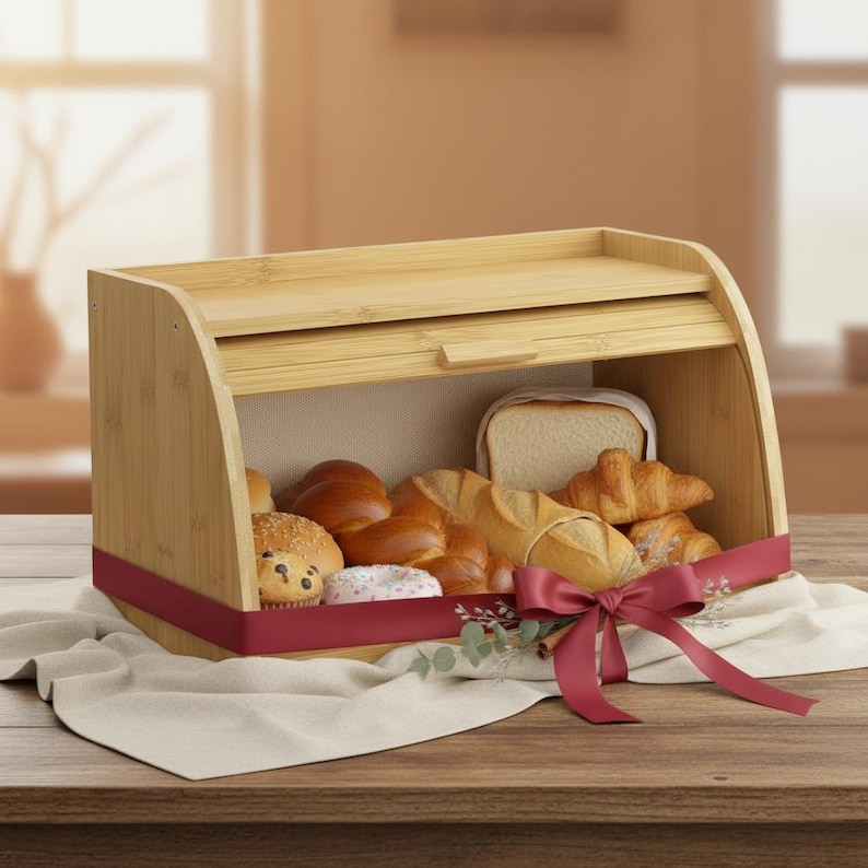 Natural Bamboo Bread Box Roll-Top Kitchen Countertop Storage Container - Thumbnail 4