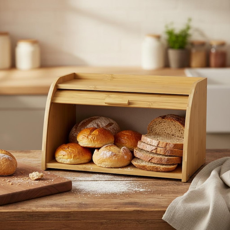 Natural Bamboo Bread Box Roll-Top Kitchen Countertop Storage Container - Thumbnail 2