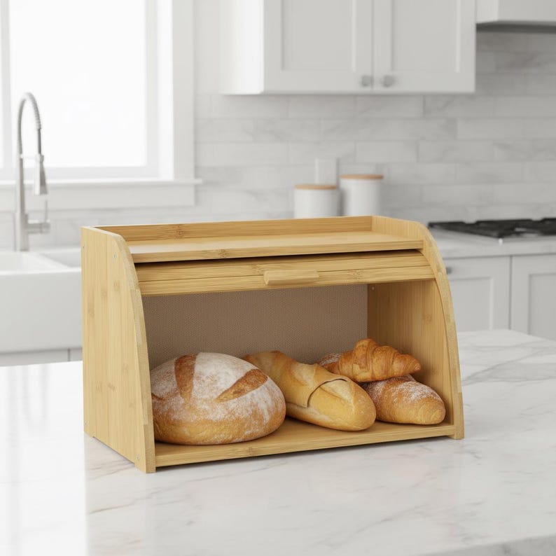 Natural Bamboo Bread Box Roll-Top Kitchen Countertop Storage Container - Thumbnail 3