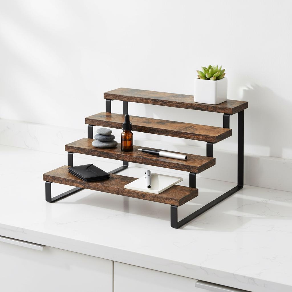 4 Tier Wooden Display Riser, Rustic Countertop Organizer, Perfume ...