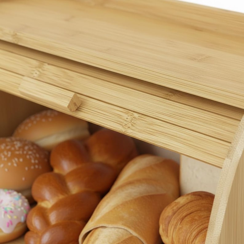 Natural Bamboo Bread Box Roll-Top Kitchen Countertop Storage Container - Thumbnail 5