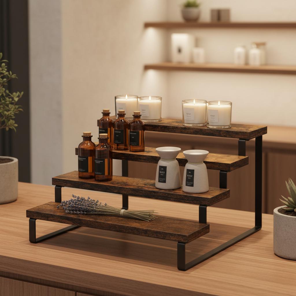 4 Tier Wooden Display Riser, Rustic Countertop Organizer, Perfume ...