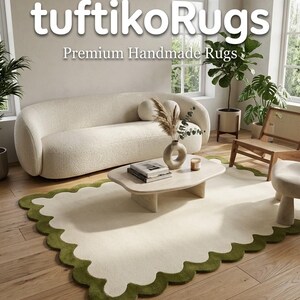 Alfombra de lana tejida a mano con borde festoneado, borde verde oliva crema, decoración minimalista moderna para sala de estar. imagen 2