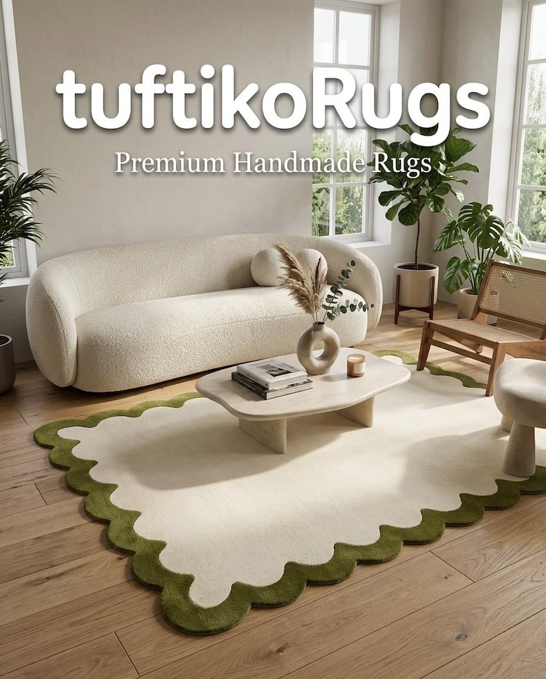 Alfombra de lana tejida a mano con borde festoneado, borde verde oliva crema, decoración minimalista moderna para sala de estar. imagen 2