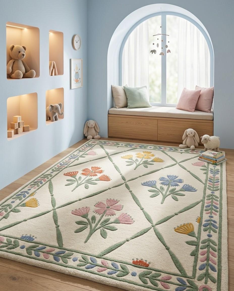 Floral Folk Tufted Wool Rug, Cottagecore Botanical Farmhouse Area Rug ...