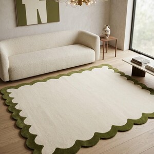 Alfombra de lana tejida a mano con borde festoneado, borde verde oliva crema, decoración minimalista moderna para sala de estar. imagen 8