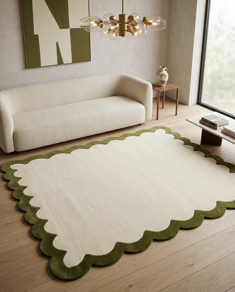 Alfombra de lana tejida a mano con borde festoneado, borde verde oliva crema, decoración minimalista moderna para sala de estar. imagen 8