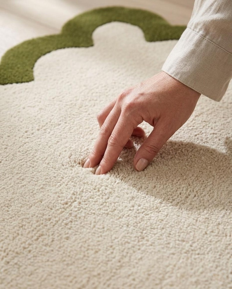 Puede incluir: Primer plano de una alfombra crema texturizada con un dise&ntilde;o en forma de tr&eacute;bol verde en la esquina superior izquierda. Una mano toca la superficie suave de la alfombra, resaltando su textura afelpada.