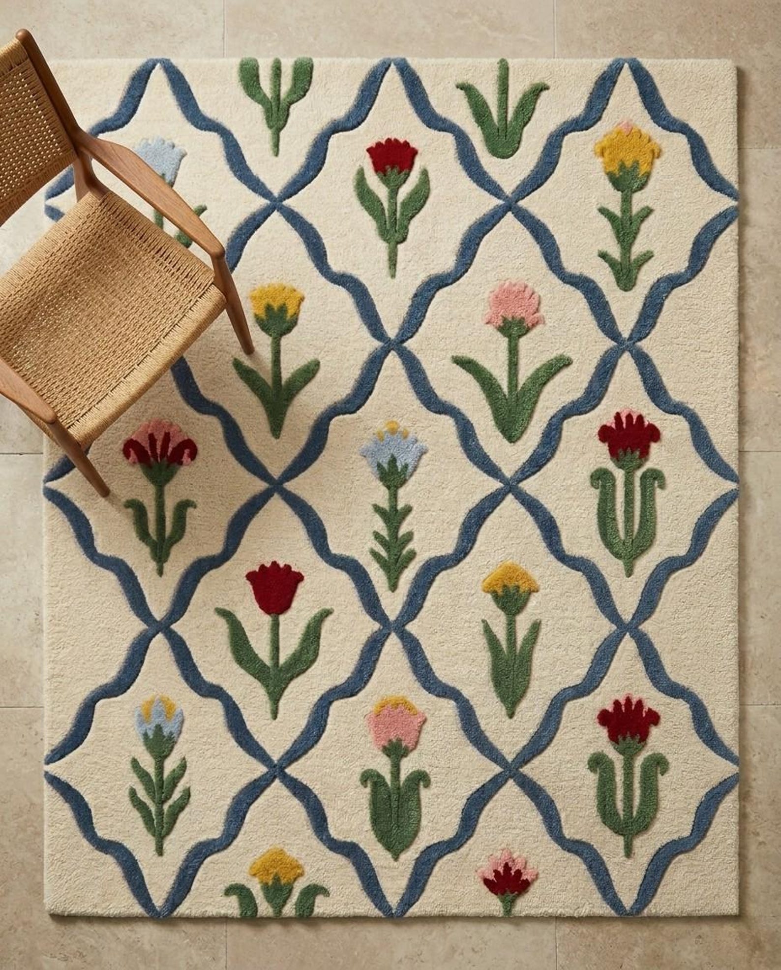 Hand-tufted Floral Trellis Wool Rug, Pastel Botanical Cottagecore Area ...