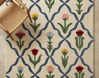 Alfombra de lana tejida a mano con diseño floral enrejado, alfombra de estilo rústico botánico en tonos pastel.