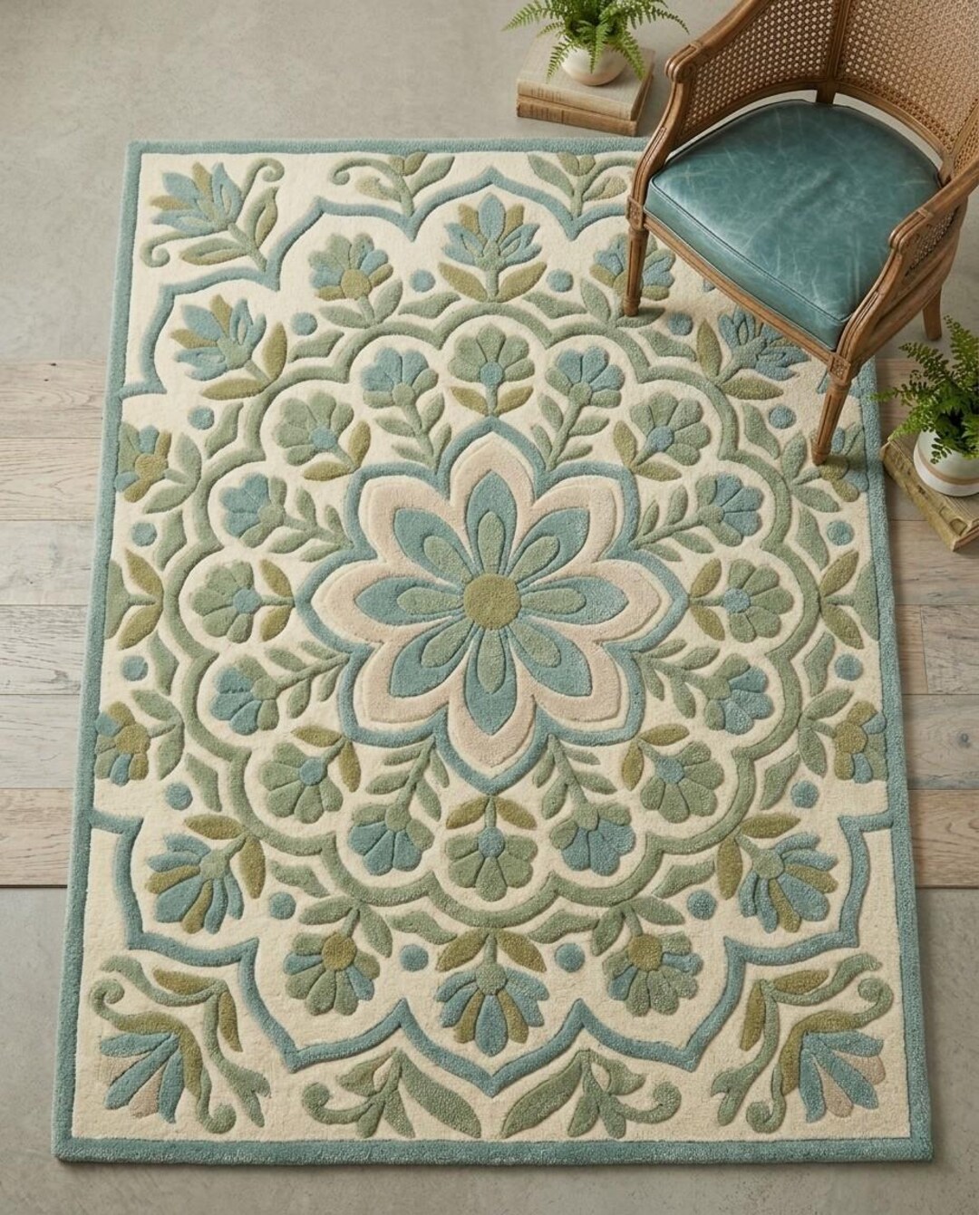 Hand Tufted Wool Floral Medallion Rug, Sage Green Botanical Area Rug - Etsy