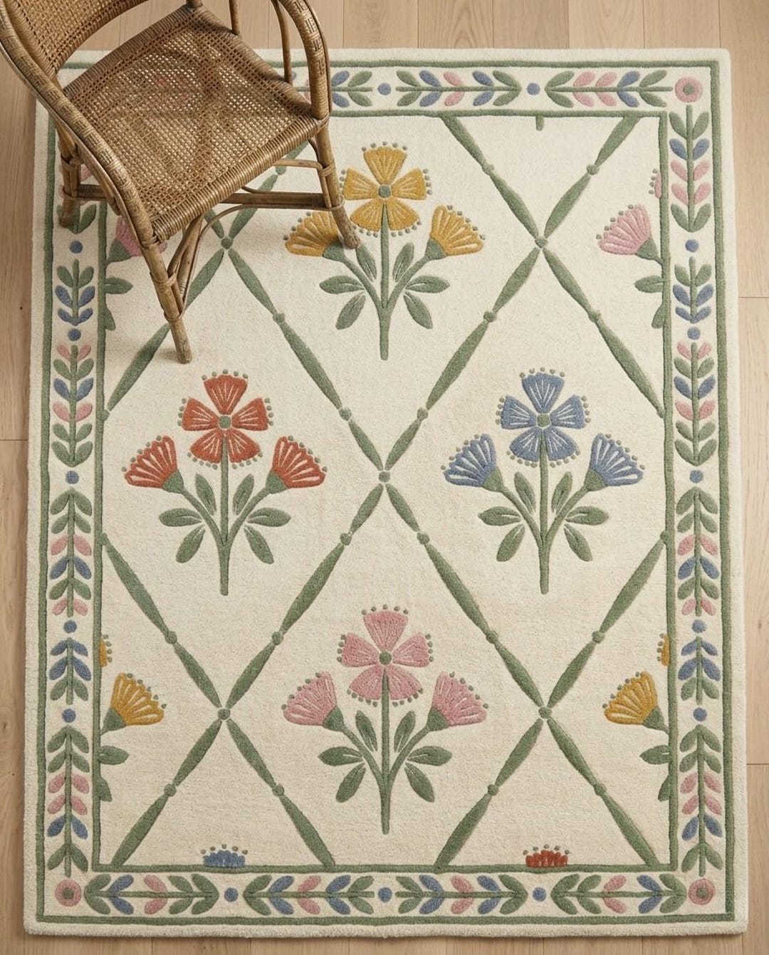 Floral Folk Tufted Wool Rug, Cottagecore Botanical Farmhouse Area Rug ...