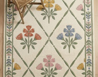 Alfombra de lana con mechones y diseño floral folclórico, alfombra de estilo rústico botánico.