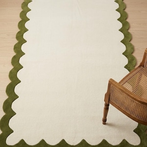 Alfombra de lana tejida a mano con borde festoneado, borde verde oliva crema, decoración minimalista moderna para sala de estar. imagen 1