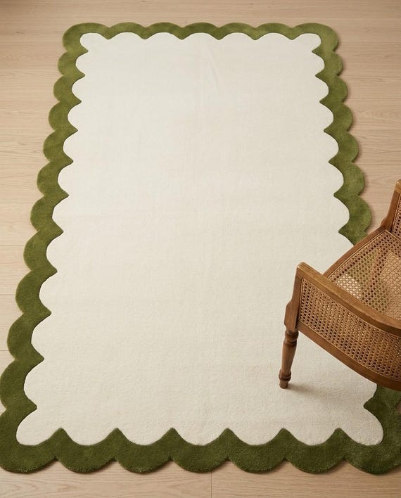Hand Tufted Wool Scalloped Rug, Cream Olive Green Border, Minimal Modern Living Room Decor