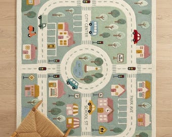 Alfombra de juegos hecha a mano con diseño de camino urbano, alfombra infantil en tonos pastel, alfombra para sala de juegos infantil.