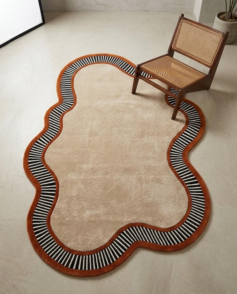 Undulating Small Rugs Irregular Wool Rug, Wavy Edge Abstract Design, Neutral Beige Statement ...