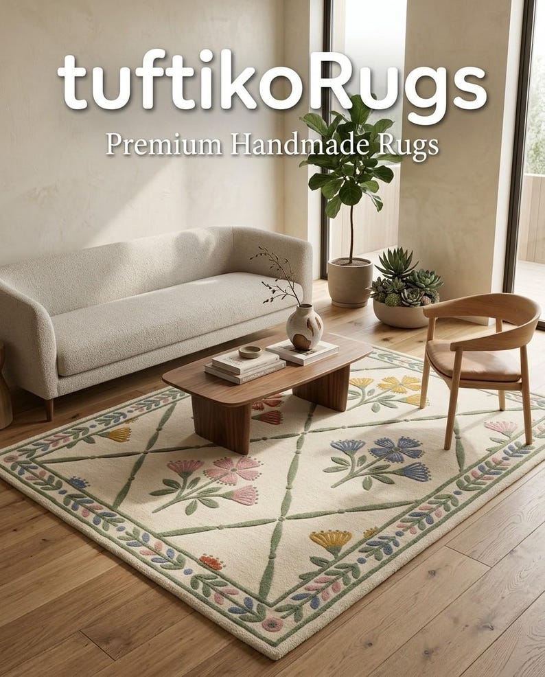Cheerful Cottage Rug Floral Folk Tufted Wool Rug, Cottagecore Botanical Farmhouse Area Rug ...