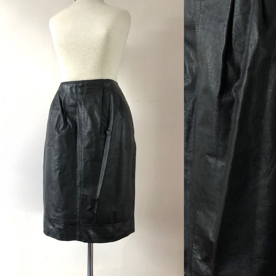 Black Leather Pencil Skirt • Vintage 80s Avanti P… - image 1