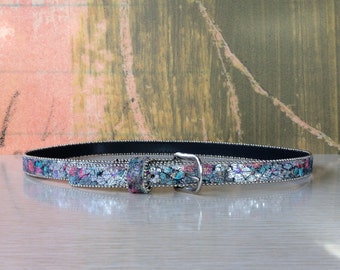 80s Glitter Skinny Belt XS/S • Vintage 80s Belt • Cinch Belt • Leather Belt • Silver Belt • Sparkly Skinny Belt • Small Graffiti Belt